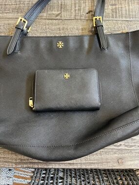Tory Burch Black Leather Saffiano Tote with Gold Hardware plus zip match wallet